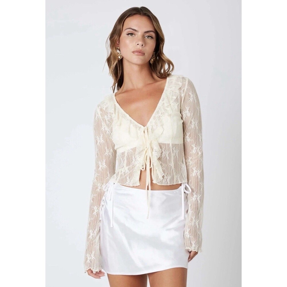 Thirty Thirty LA Lace Cardigan Ruffle Tie Front Long Sleeve Top Women Size Small